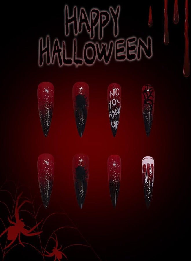 WAFOLOZE Halloween Press on Nails Long Tip Claret Ombre Fake Nails with Spider Web a Little Glitter Glossy Design, Artificial False Nails Press Ons Glue on Nails For Women - Image 4